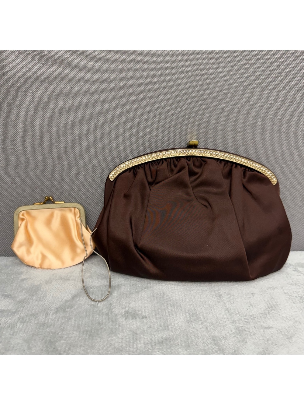 Vintage HL USA Brown Cream Satin Evening Bag Rhinestone 1950s Clutch Coin Purse